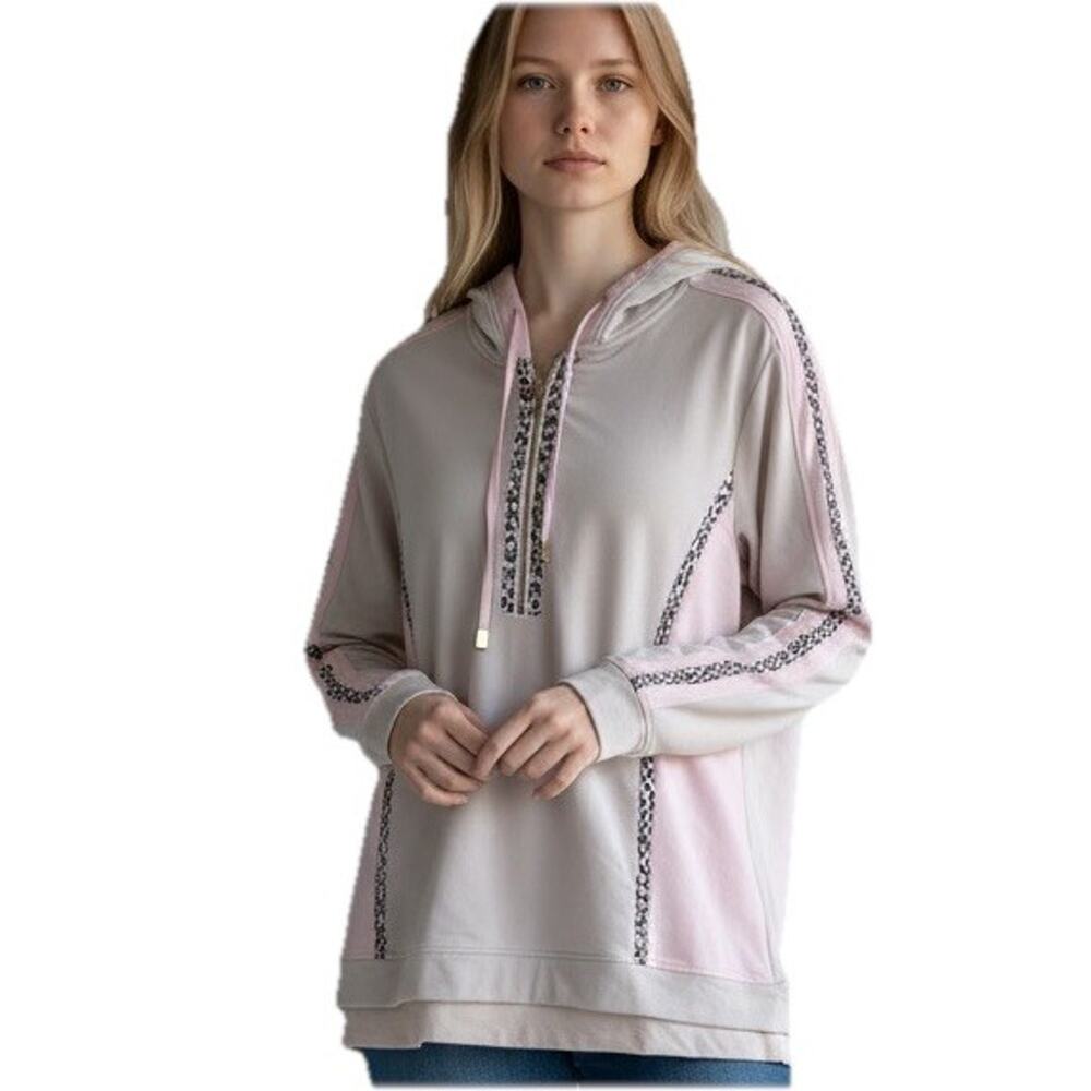 Chicos By Zenergy Womens Pink 1/2 Zip Long Sleeve Hooded Sweatshirt Size 2 US LG